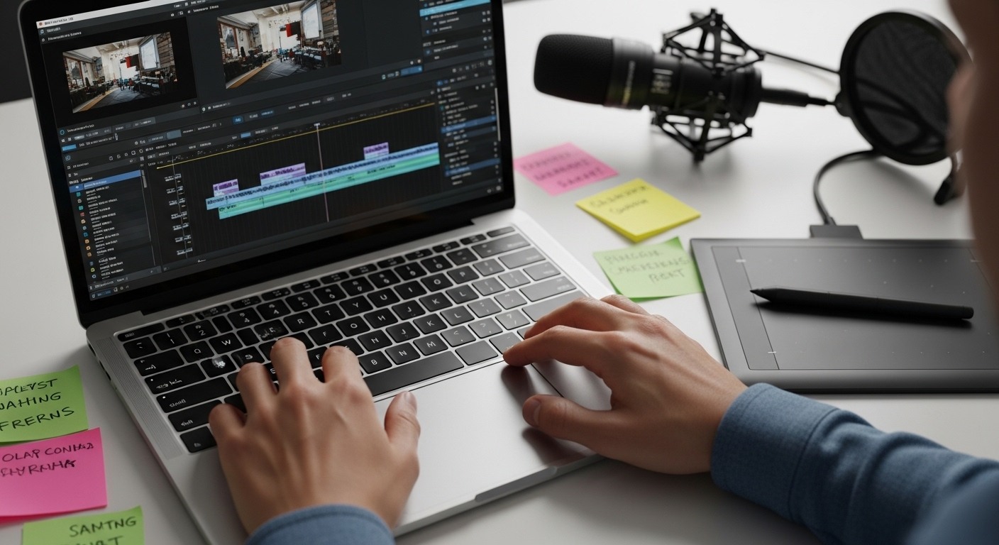 Cận cảnh đôi tay chuyên nghiệp chỉnh sửa video trên laptop tại bàn làm việc sáng tạo, với mic và bảng vẽ, minh họa quy trình kiếm tiền với Youtube hiệu quả.