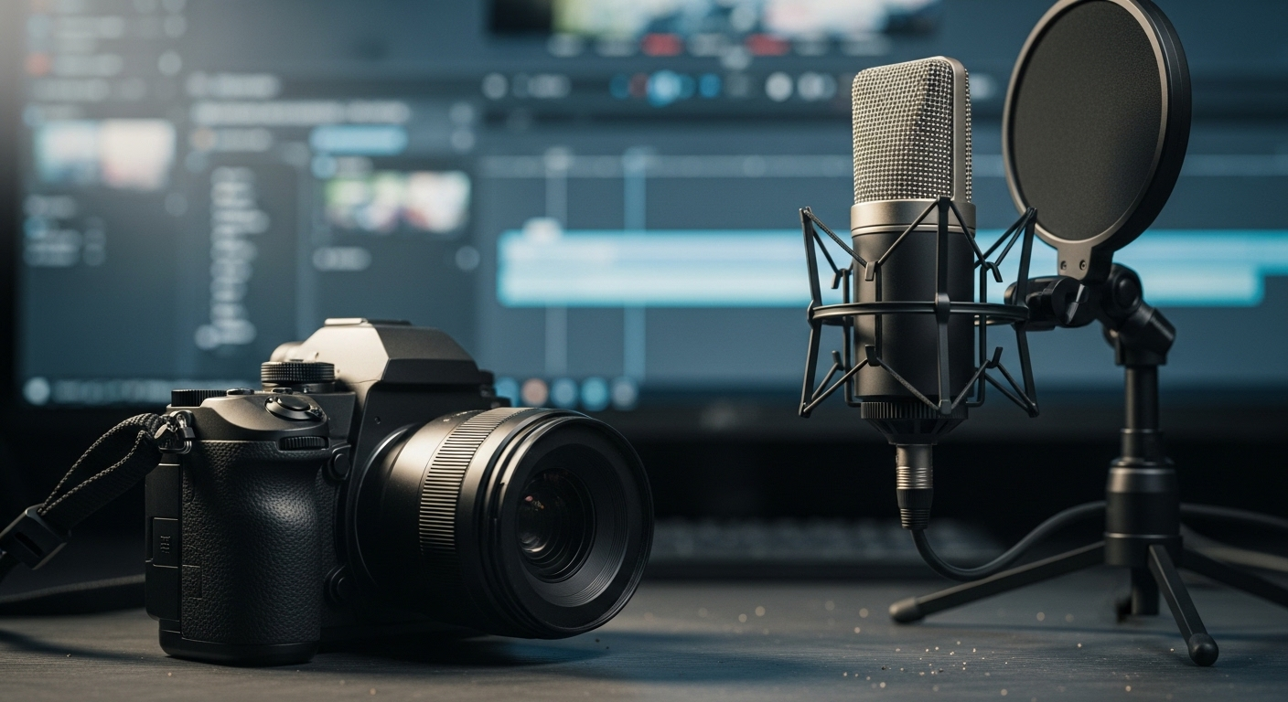 Bàn studio với máy quay và micro chuyên nghiệp, cùng phần mềm chỉnh sửa video mờ ảo, thể hiện quy trình sản xuất nội dung chất lượng cao – chìa khóa thành công với cách kiếm tiền trên YouTube.