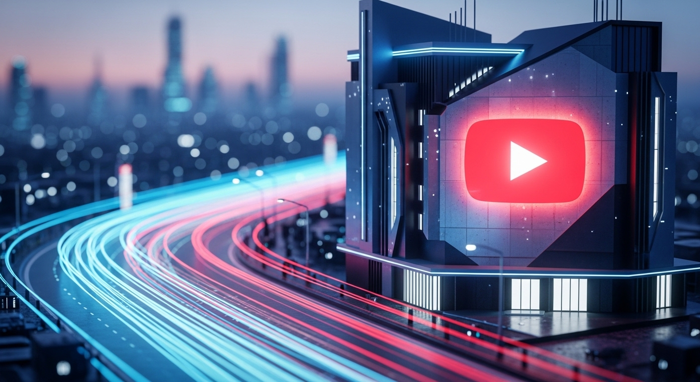 Tòa nhà kiến trúc thu nhỏ, cách điệu với logo YouTube nổi bật, đặt trên phố kỹ thuật số sống động, minh họa cách tạo kênh YouTube và phát triển nội dung.
