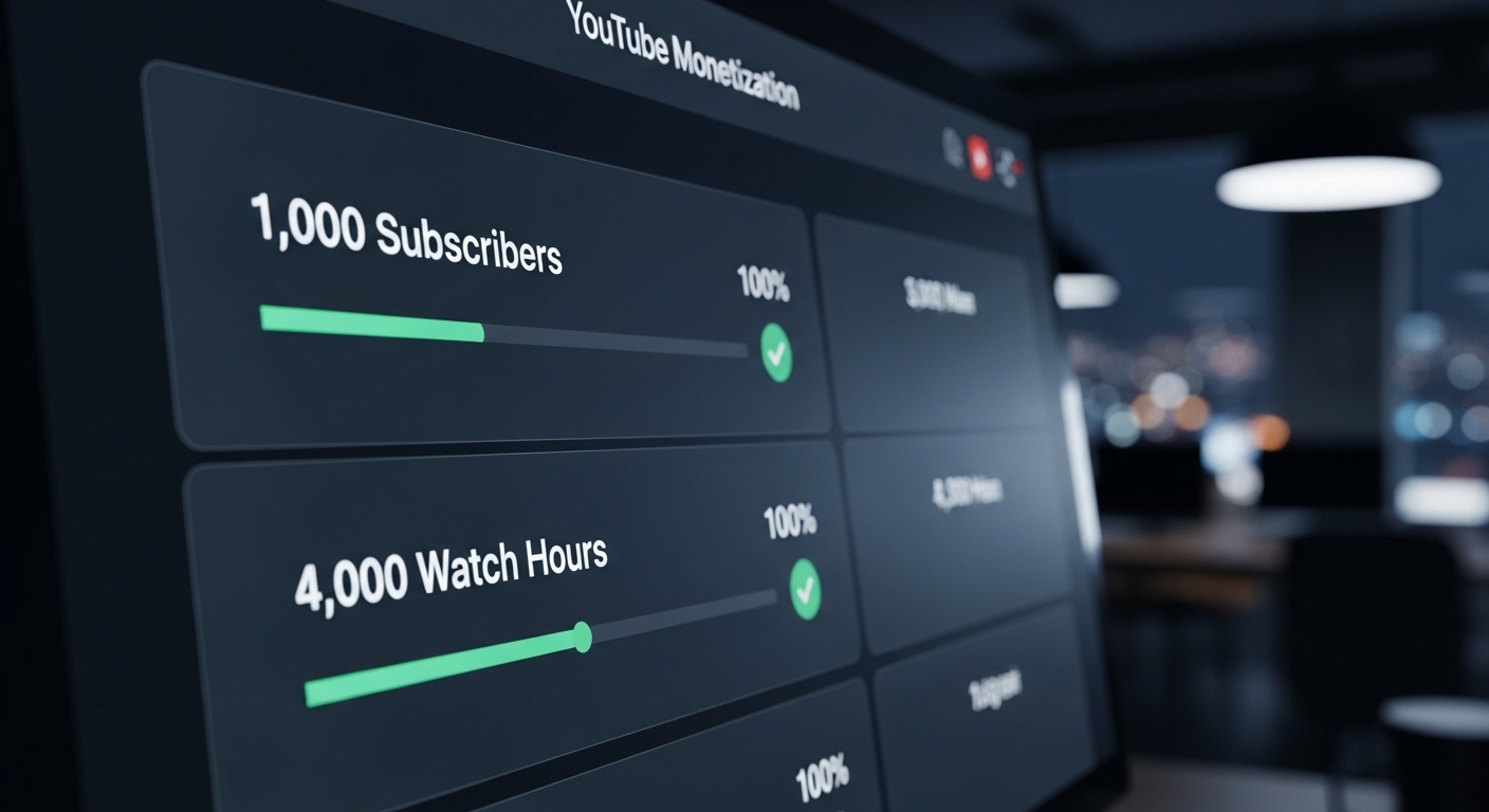 Giao diện bảng điều khiển Youtube hiển thị đạt 1.000 người đăng ký và 4.000 giờ xem, các mốc quan trọng để bắt đầu kiếm tiền từ Youtube.