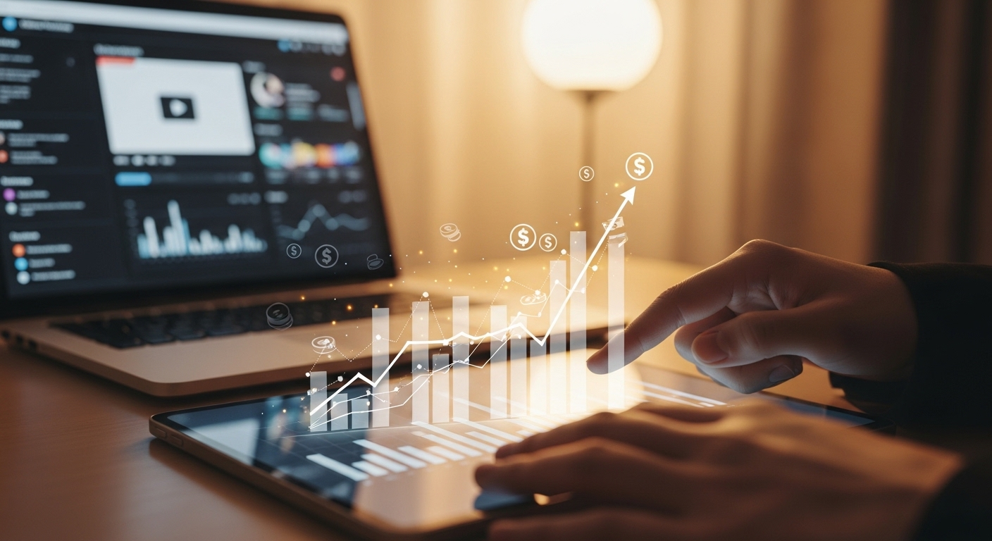 Bàn tay tương tác máy tính bảng hiển thị biểu đồ tài chính tăng trưởng, phía sau là màn hình laptop với dashboard nền tảng video. Hình ảnh minh họa cách kiếm tiền trên YouTube và theo dõi hiệu suất kênh.