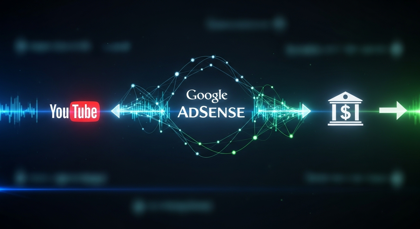 Dòng tiền kết nối logo YouTube với Google AdSense và biểu tượng thanh toán ngân hàng, với phong cách hiện đại trên nền tối.