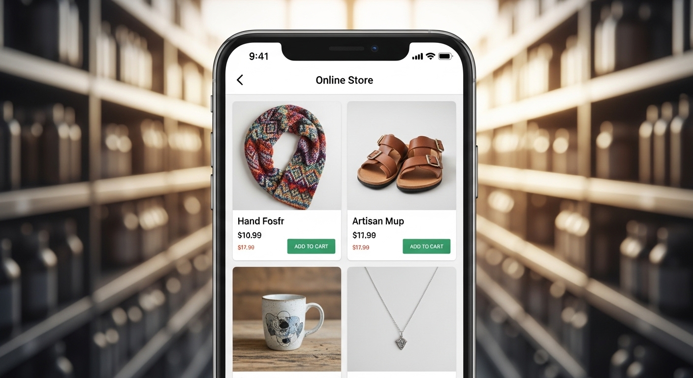 Cận cảnh màn hình điện thoại hiển thị giao diện cửa hàng trực tuyến với các sản phẩm như quần áo, minh họa cách kiếm tiền trên Facebook qua việc bán hàng online hiệu quả.