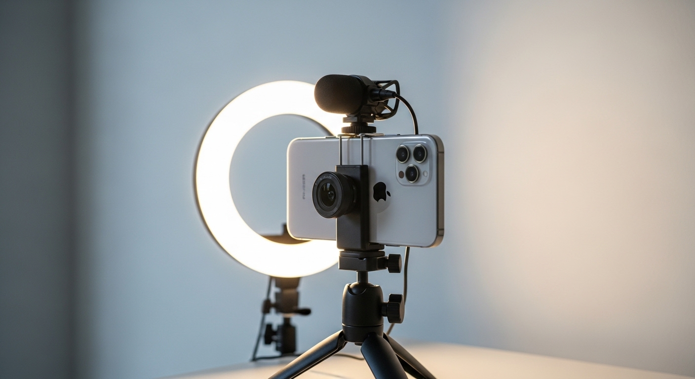 điện thoại gắn chân máy, micro thu âm và đèn ring chiếu sáng.