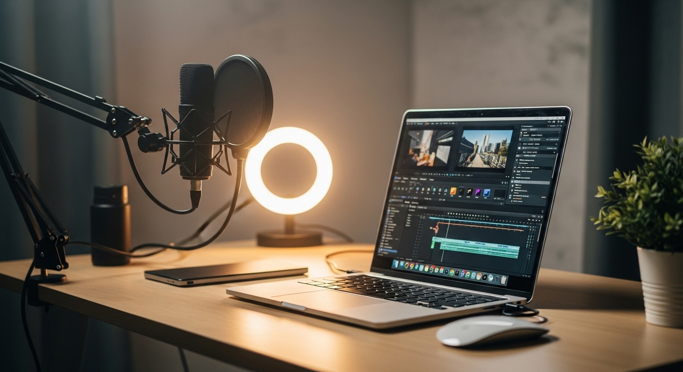 Bàn làm việc hiện đại với laptop, mic chuyên nghiệp và đèn ring, phục vụ sản xuất nội dung video chất lượng, hỗ trợ tìm hiểu cách bật kiếm tiền từ Facebook cá nhân hiệu quả.