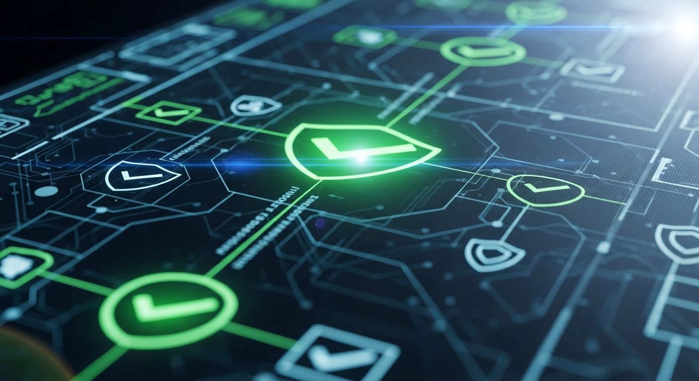 Giao diện kỹ thuật số hiện đại với biểu tượng bảo mật và tuân thủ quy định, minh họa tầm quan trọng của sự an toàn và tuân thủ khi tìm hiểu cách bật kiếm tiền trên Facebook.