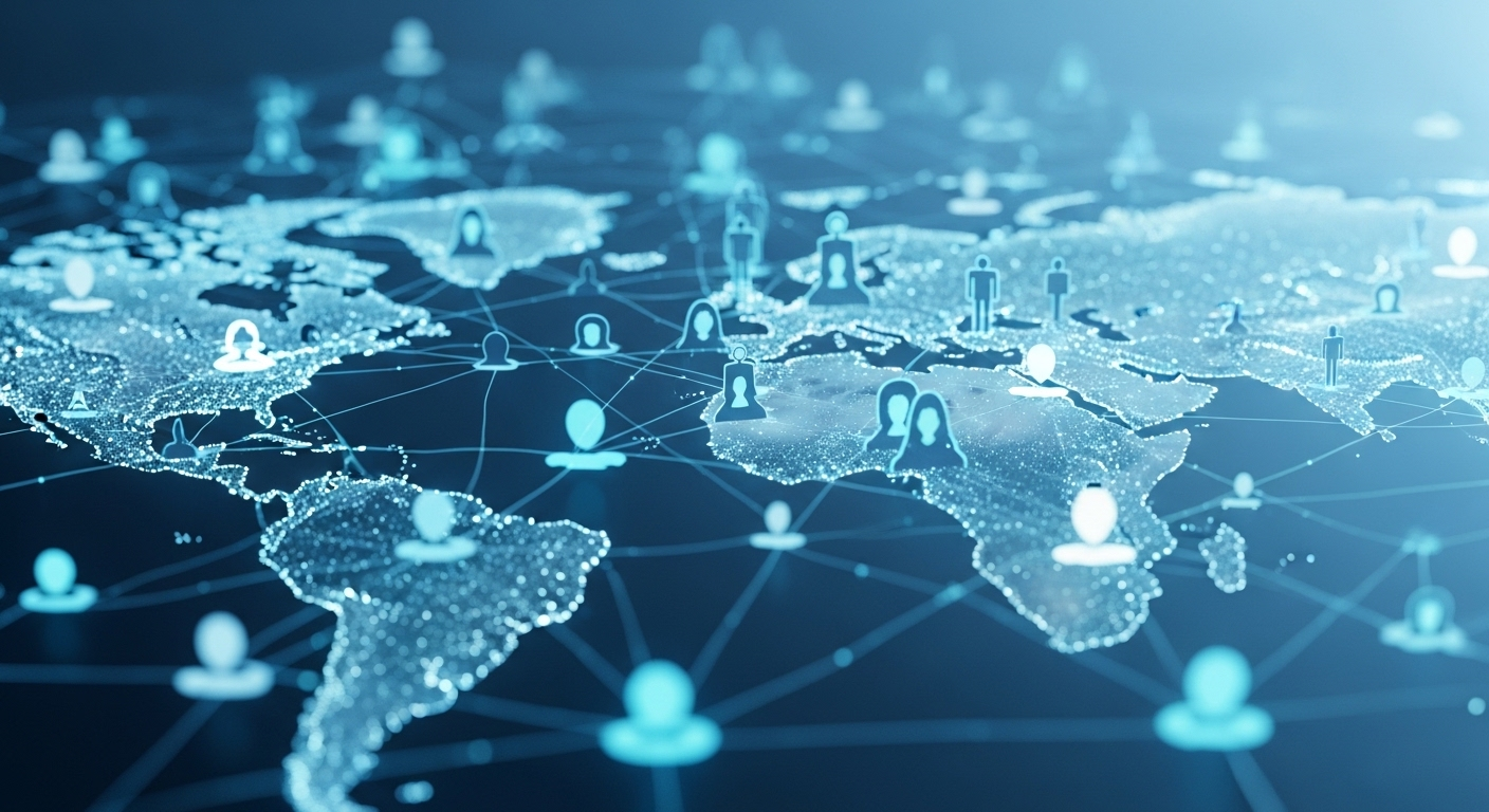 Hình ảnh mạng lưới kỹ thuật số toàn cầu với các đường kết nối trên bản đồ thế giới, thể hiện tiềm năng tương tác số và cơ hội như cách kiếm tiền trên Facebook.