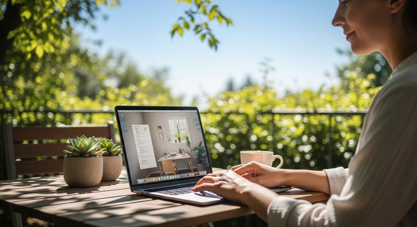 Người làm việc trên laptop hiện đại tại sân hiên nắng, khung cảnh thiên nhiên xanh mát. Thể hiện lối sống linh hoạt khi kiếm tiền trên facebook với affiliate marketing.