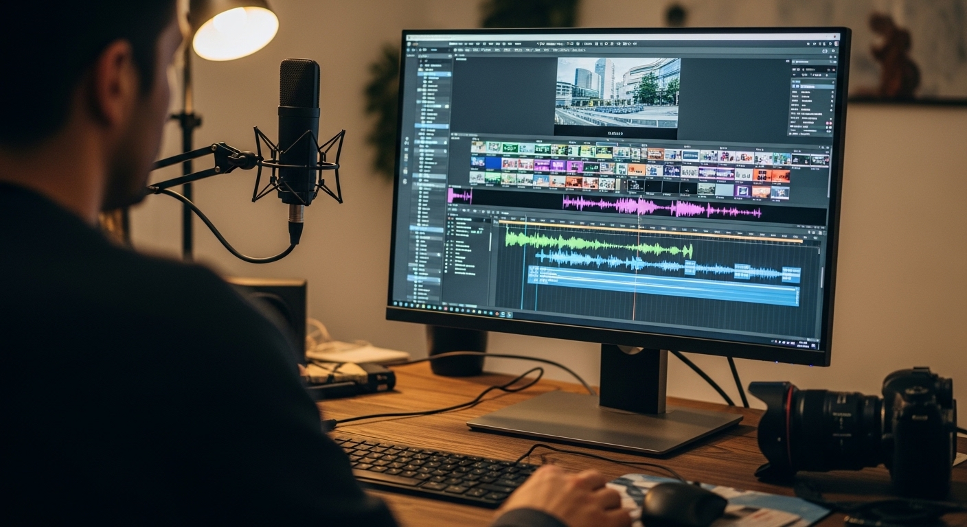 Người đang chỉnh sửa video chuyên nghiệp trên máy tính lớn, với micro và ống kính, thể hiện cách kiếm tiền trên FB thông qua sáng tạo nội dung số.