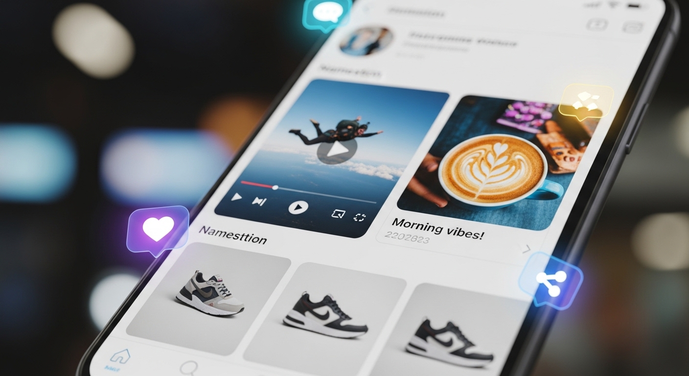 Cận cảnh điện thoại thông minh hiện đại hiển thị bảng tin Facebook sôi động với video, bài đăng và các biểu tượng tương tác, minh họa nền tảng cho cách kiếm tiền trên Facebook hiệu quả.