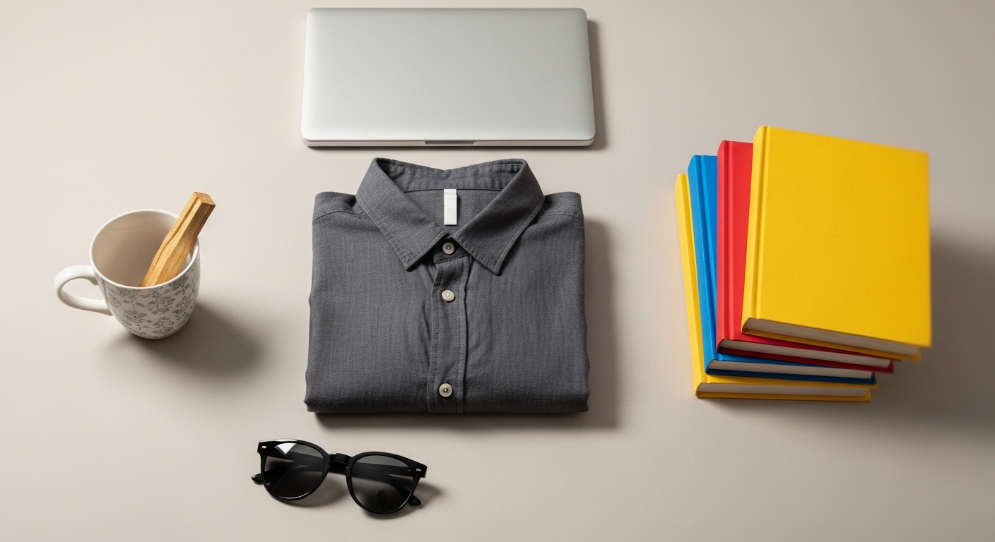 Ảnh flat lay các sản phẩm đa dạng (quần áo, thiết bị công nghệ, sách) trên nền trung tính, thể hiện mô hình kinh doanh online và cách kiếm tiền trên Facebook.