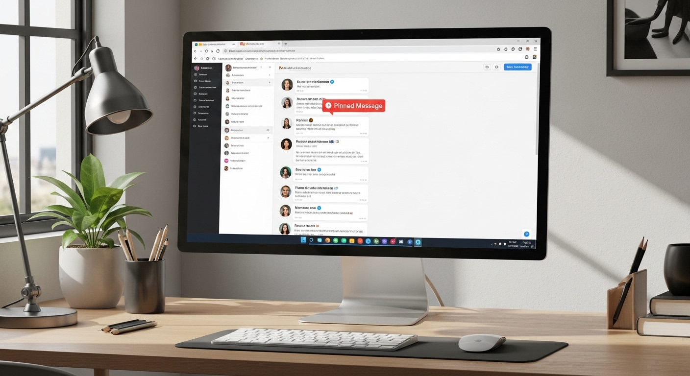 Màn hình máy tính hiển thị giao diện Messenger với nhóm chat đang hoạt động cùng tin nhắn đã ghim, minh họa rõ nét cách tạo nhóm trên Messenger và quản lý cuộc hội thoại hiệu quả.