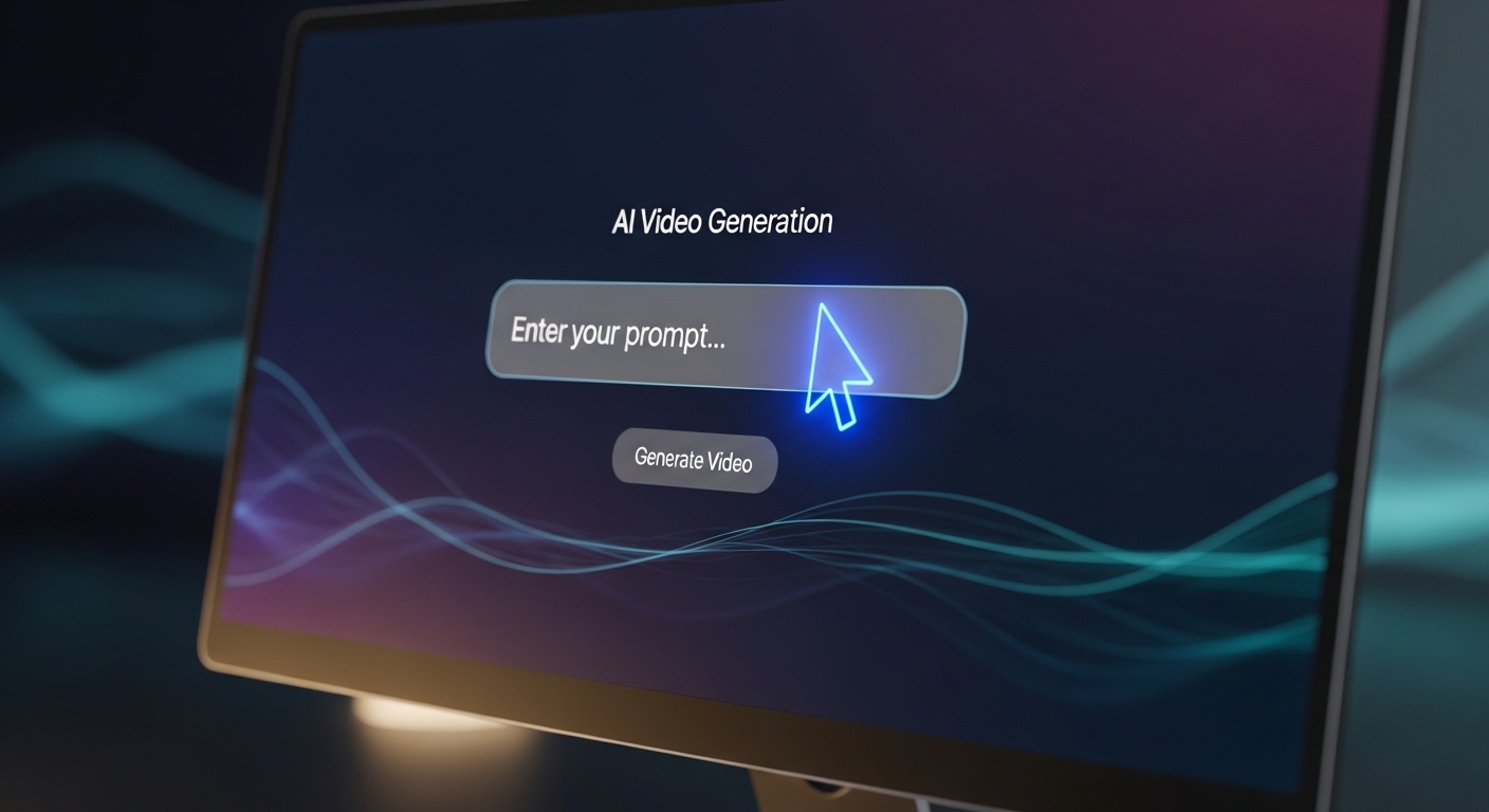Màn hình giao diện kỹ thuật số tối giản hiển thị trường nhập liệu AI để tạo video. Con trỏ nhấp nháy, tượng trưng cho việc tìm kiếm hướng dẫn như cách tạo video Veo 3 trên Canva.