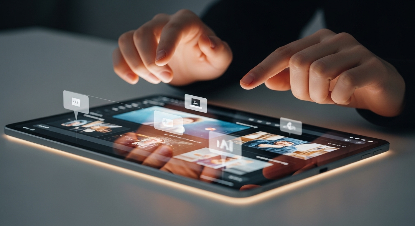 Bàn tay lướt nhẹ trên màn hình máy tính bảng sáng, sắp xếp các clip video và đồ họa động. Minh họa cách tạo video Veo 3 bằng Canva trực quan và hiệu quả.