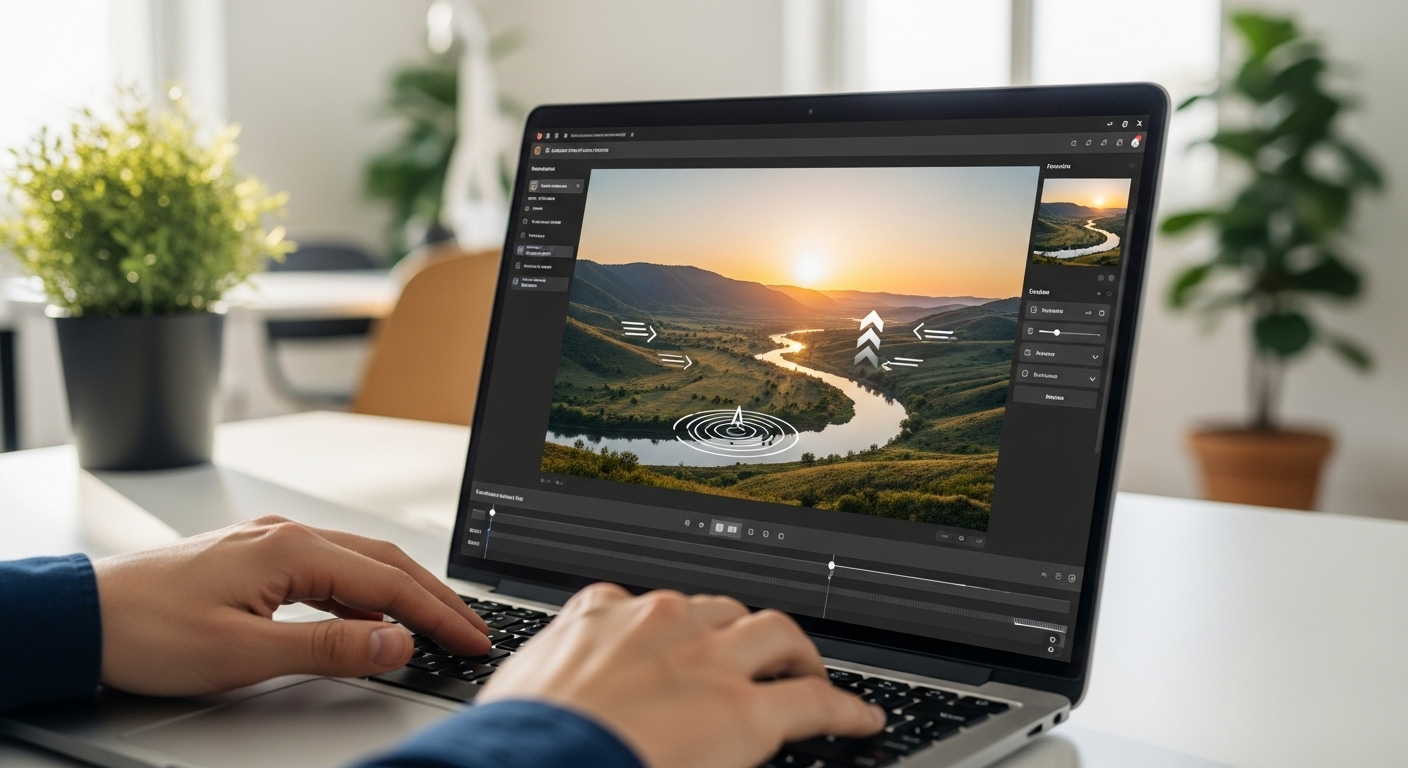 Ảnh cận cảnh bàn tay đang gõ phím trên laptop. Màn hình hiển thị giao diện thiết kế trực tuyến trực quan, cho thấy ảnh tĩnh phong cảnh được biến thành video động, minh họa cách tạo video từ ảnh trong Canva AI hiệu quả và dễ dàng.
