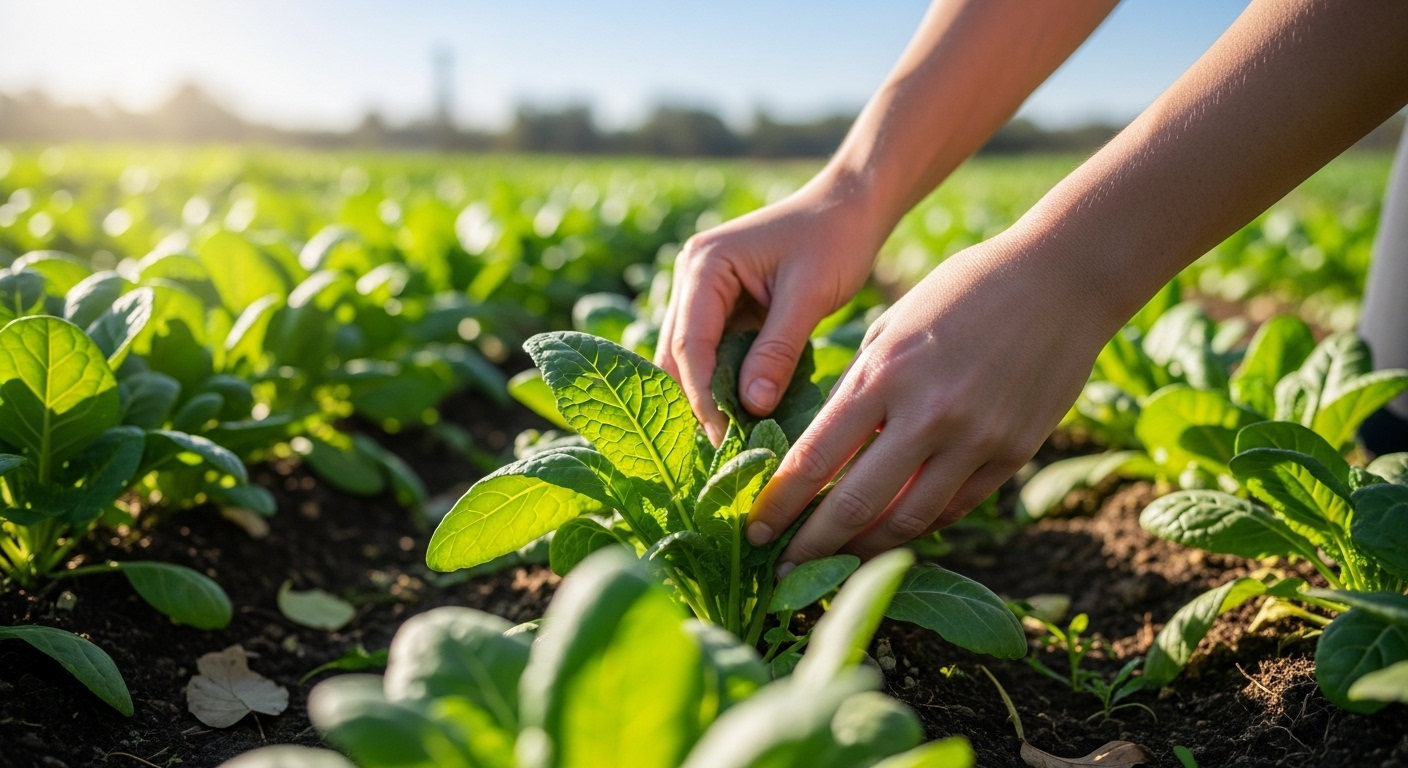 Bàn tay thu hoạch rau xanh hữu cơ tươi ngon từ vườn, nguồn cảm hứng để tạo video bán nông sản chất lượng.