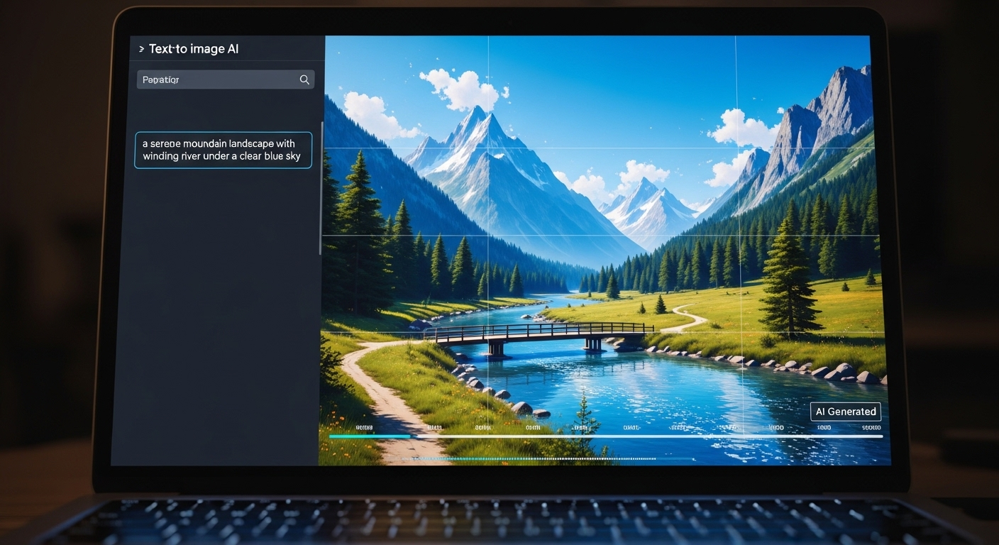Màn hình laptop cận cảnh hiển thị giao diện AI tạo ảnh từ văn bản, với prompt 'phong cảnh núi non sông suối yên bình' được chuyển thành hình ảnh chi tiết. Minh họa cách sử dụng Canva AI để biến ý tưởng thành hình ảnh.