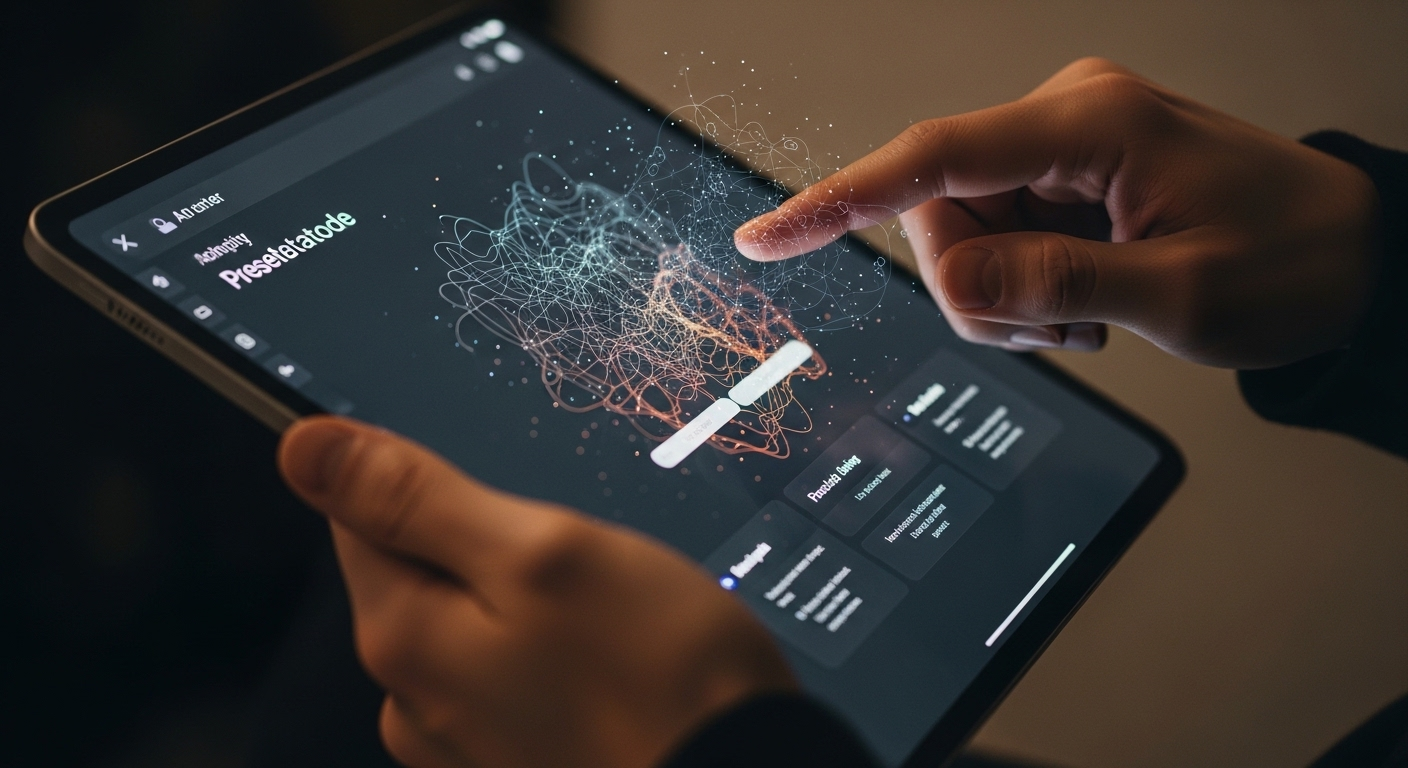 Bàn tay người dùng tương tác với tablet, màn hình hiển thị nội dung trình chiếu được AI tự động tạo, minh họa cho hướng dẫn tạo slide thuyết trình bằng Canva AI.