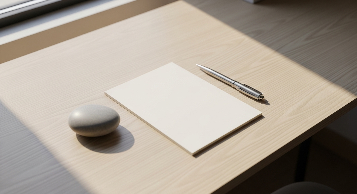 Góc nhìn từ trên cao không gian làm việc tối giản, ngăn nắp với bút, sổ trắng và hòn đá nhỏ trên bàn gỗ sáng. Lý tưởng để sáng tạo nội dung hoặc tìm hiểu cách sử dụng Canva icon cho thiết kế chuyên nghiệp.