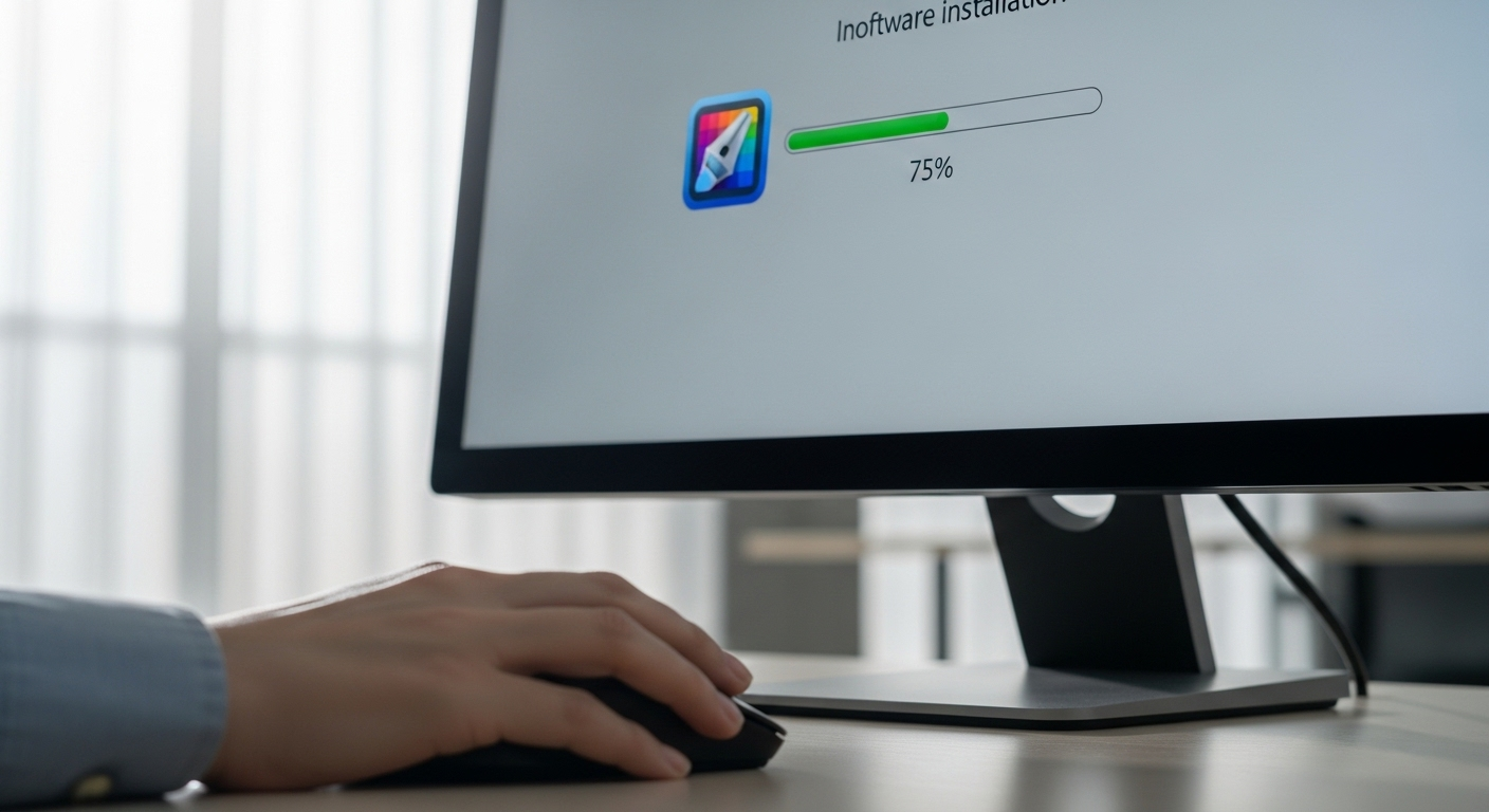 Màn hình máy tính cận cảnh hiển thị thanh tiến trình cài đặt phần mềm đồ họa, minh họa quá trình tải Canva về máy tính. Bàn tay đặt trên chuột, ánh sáng dịu nhẹ.