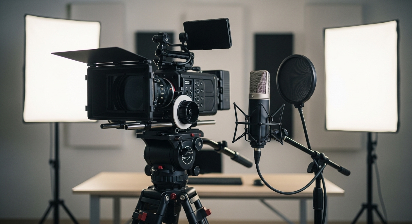 Thiết lập quay video chuyên nghiệp với máy quay HD, micro studio và đèn softbox trong không gian studio tối giản. Đây là yếu tố then chốt để sản xuất video chất lượng cao, một trong những cách tăng view Youtube hiệu quả.