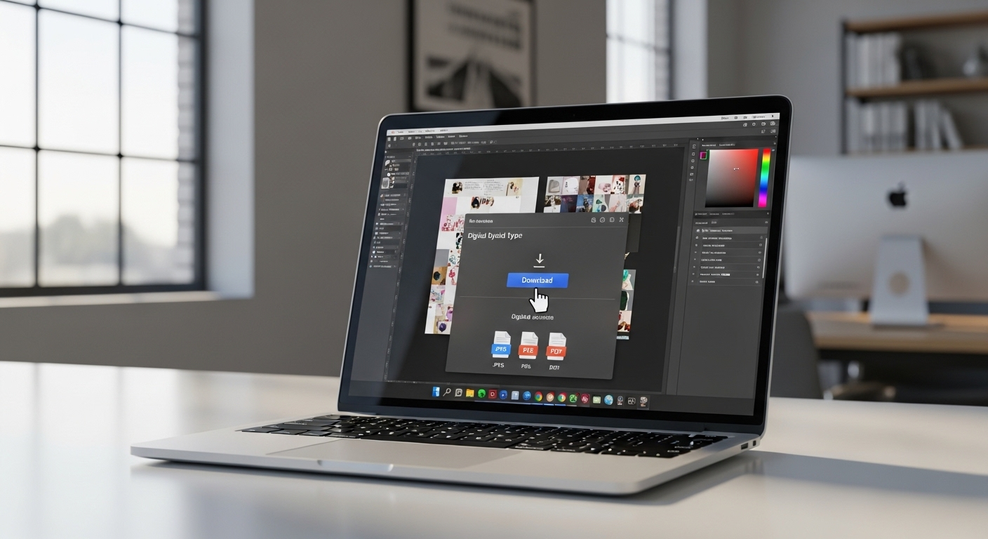 Màn hình laptop hiển thị giao diện thiết kế đồ họa, với con trỏ chuột đang di chuyển đến nút 'Tải xuống' và các tùy chọn định dạng tệp (JPEG, PNG, PDF) hiện ra, minh họa cách lưu ảnh trên Canva.