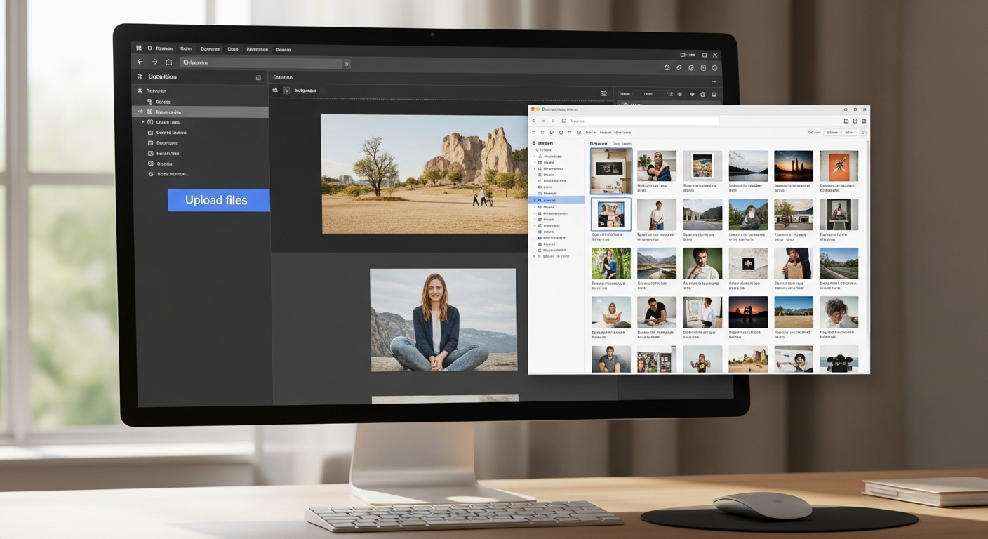 Màn hình máy tính chuyên nghiệp hiển thị ứng dụng thiết kế, với cửa sổ duyệt ảnh và nút 