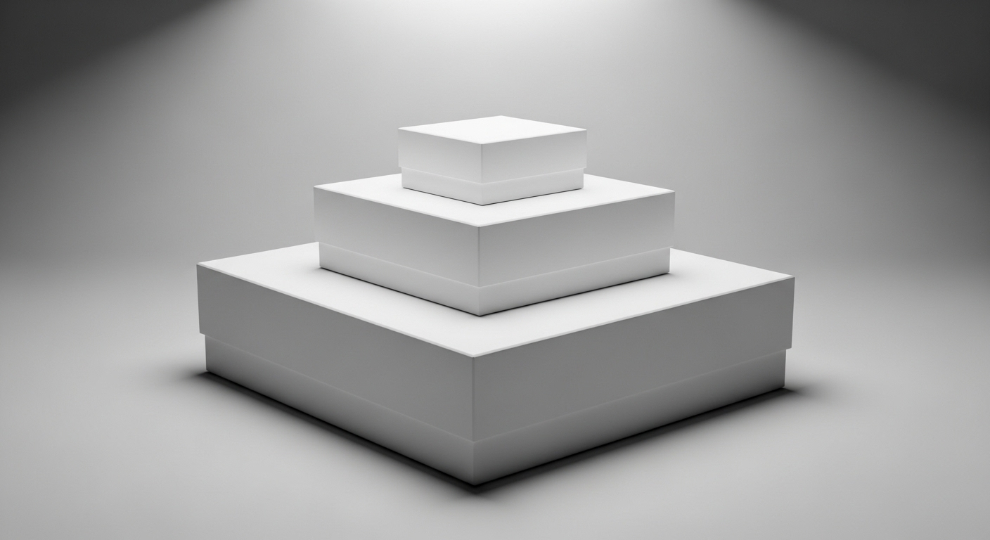 Ba hộp sản phẩm carton trắng trống, kích thước đa dạng, xếp gọn gàng trên nền studio. Lý tưởng để học cách làm mockup trên Canva và thiết kế bao bì chuyên nghiệp.