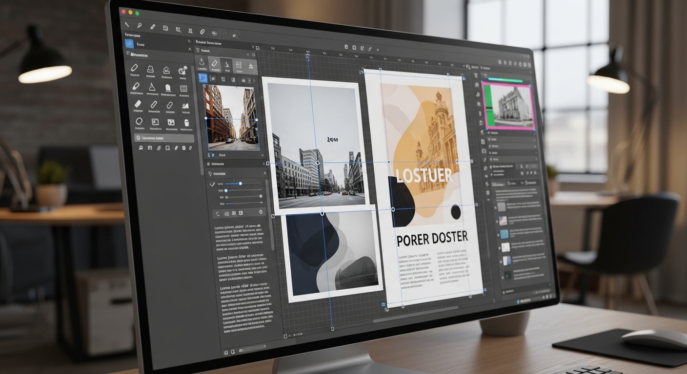 Giao diện ứng dụng thiết kế đồ họa trên màn hình, hiển thị mẫu poster đang được chỉnh sửa với các công cụ và lưới, minh họa cách làm poster trên Canva.