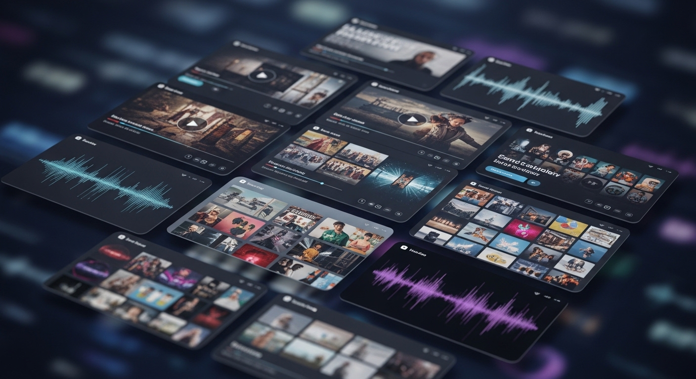 Kho tài nguyên kỹ thuật số đa dạng với video, hình ảnh, và đồ họa bắt mắt, minh họa cách làm video trên Canva một cách sáng tạo.