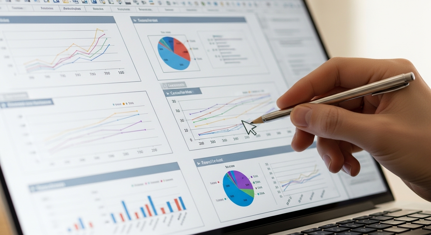 Màn hình laptop cận cảnh slide PowerPoint chuyên nghiệp với biểu đồ phức tạp đang được tinh chỉnh chi tiết. Minh họa trực quan cho việc hoàn thiện bản trình bày sau khi học cách chuyển từ Canva sang PowerPoint.