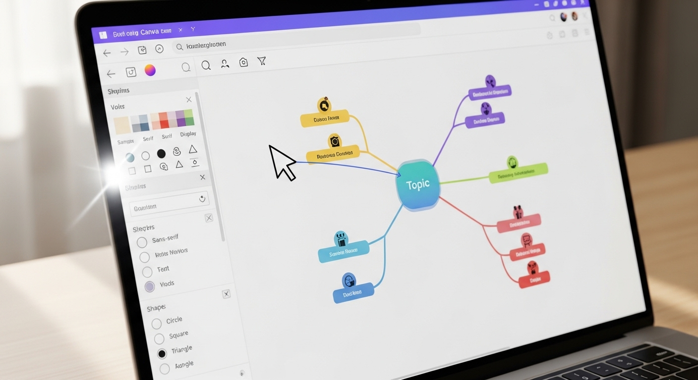 Cận cảnh màn hình laptop hiển thị giao diện Canva, nơi một mindmap đầy màu sắc đang được chỉnh sửa. Hình ảnh minh họa trực quan cách làm mindmap trên Canva, với các công cụ chọn màu và font chữ rõ ràng.