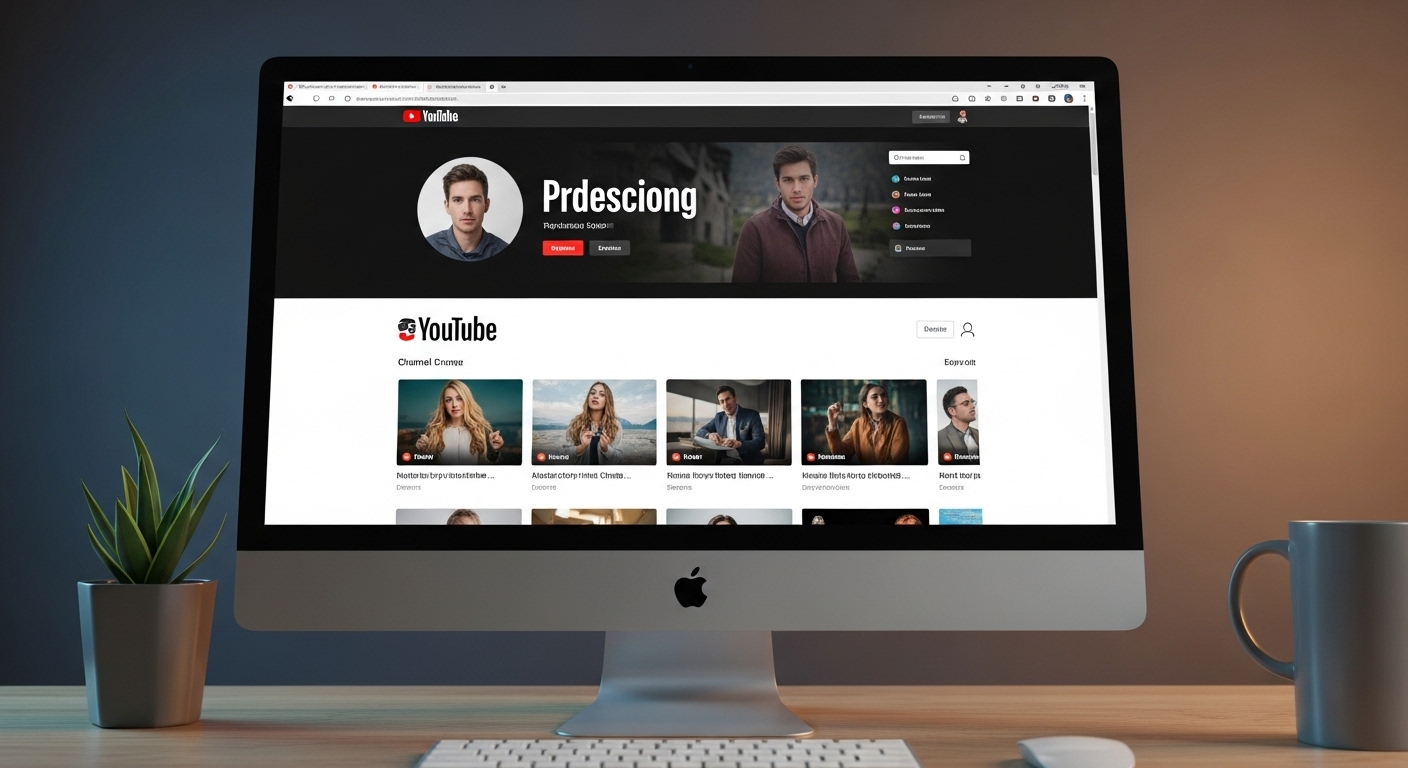Màn hình máy tính hiện đại hiển thị kênh YouTube chuyên nghiệp với banner, avatar, và các thumbnail video thu hút, minh họa chiến lược tăng Like Youtube hiệu quả.