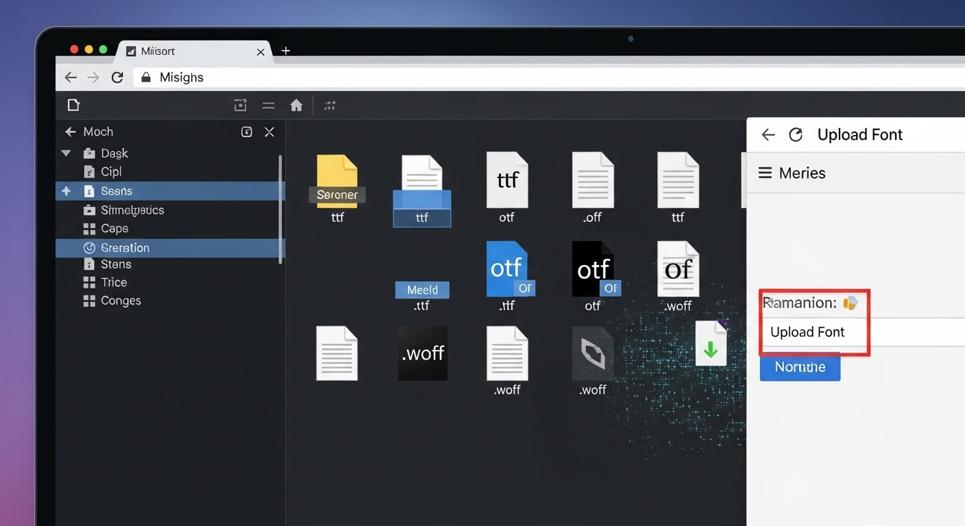 Màn hình máy tính hiển thị cửa sổ quản lý tệp chứa các font chữ (.ttf, .otf) và trình duyệt web đang mở khu vực 'Tải lên font' trên Canva, minh họa cách tải font chữ lên Canva từ máy tính với hiệu ứng chuyển tệp.