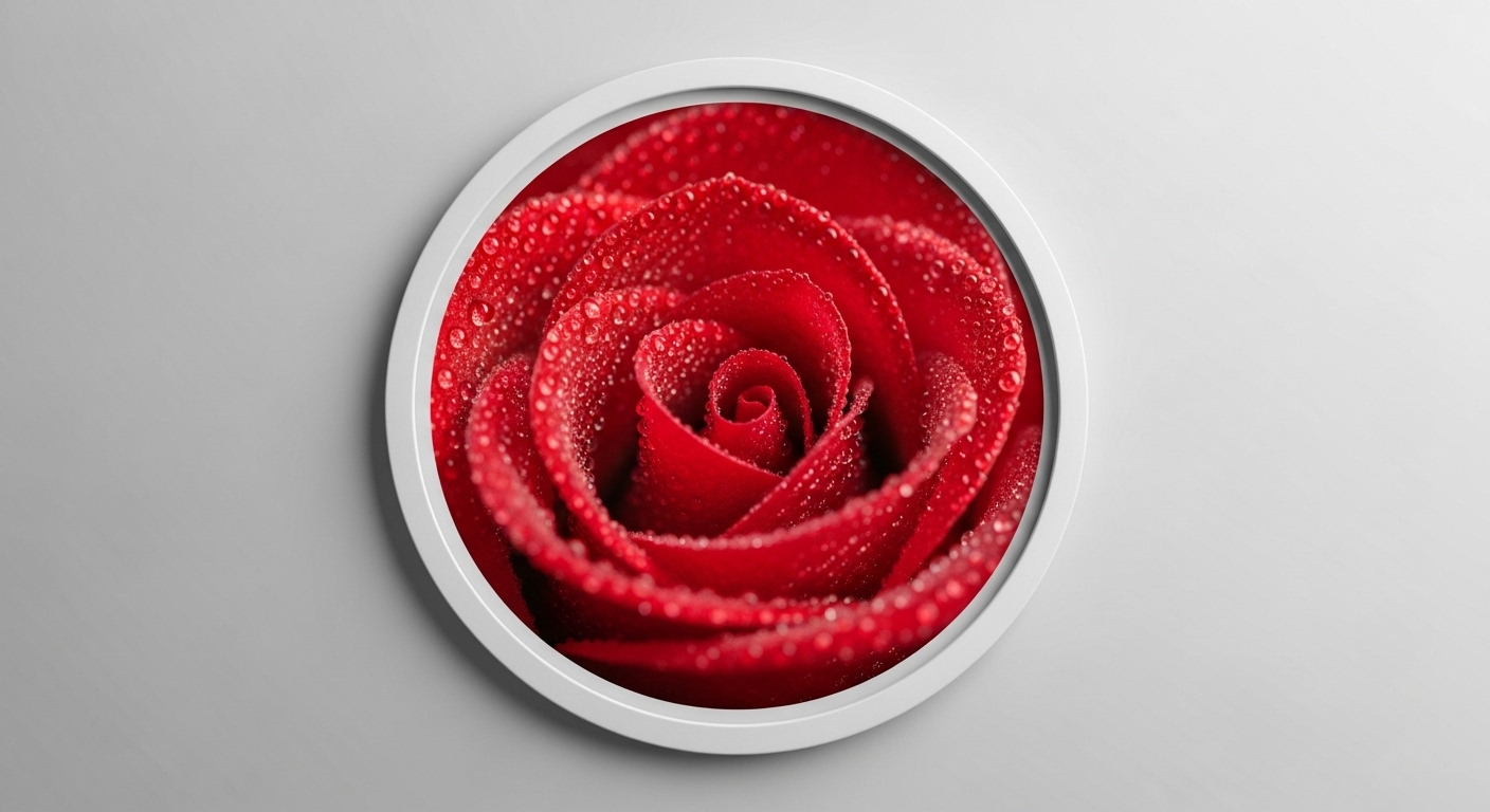 Ảnh macro cánh hoa hồng đỏ đọng sương, được cắt tròn hoàn hảo với viền trắng trên nền xám tối giản, minh họa cách cắt ảnh trên Canva để tạo bố cục nổi bật.