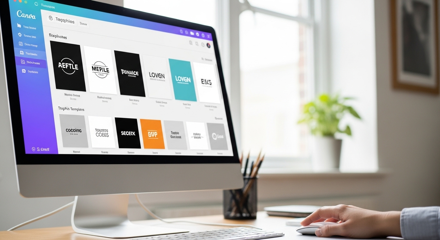 Màn hình máy tính hiển thị giao diện Canva với đa dạng mẫu logo, icon và font chữ, cùng bàn tay đang thao tác chuột. Đây là ví dụ trực quan về cách thiết kế logo trên Canva.