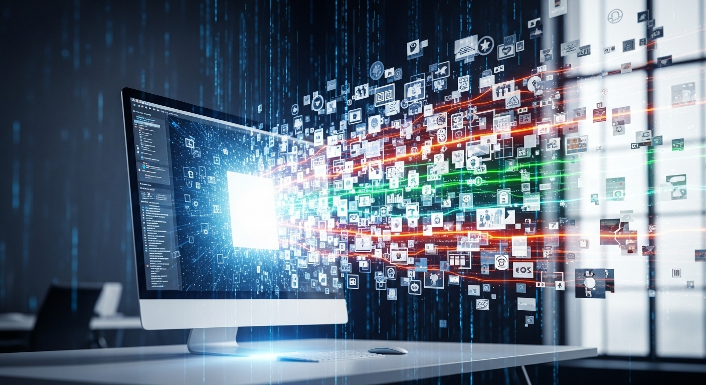 Màn hình máy tính hiển thị canvas thiết kế với luồng dữ liệu mẫu, icon, hình ảnh kỹ thuật số hội tụ. Minh họa cách sử dụng Canva để tạo thiết kế chuyên nghiệp dễ dàng.