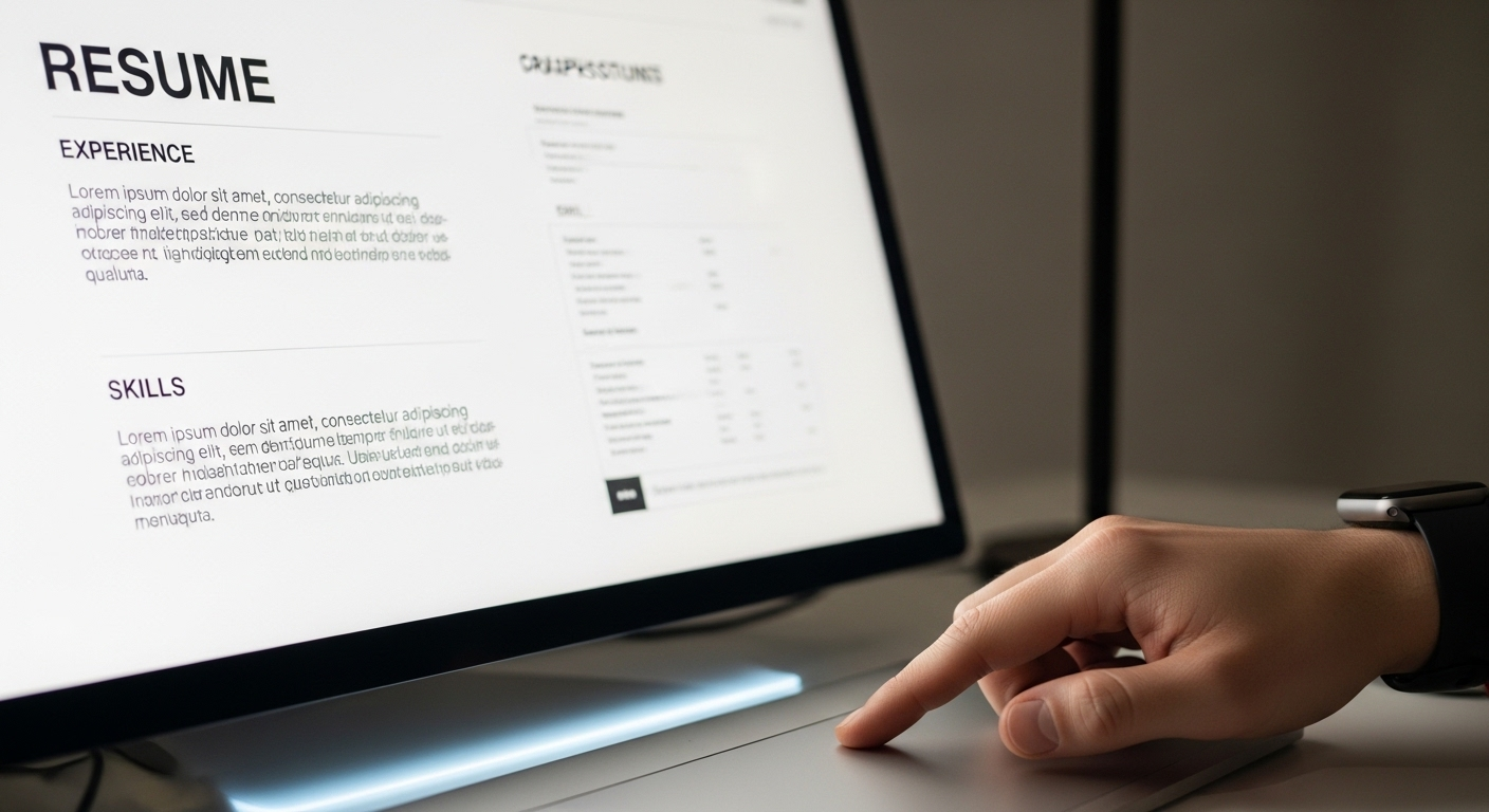 Màn hình máy tính hiển thị giao diện thiết kế mẫu CV, bàn tay đang thao tác trên trackpad để tạo CV trên Canva.