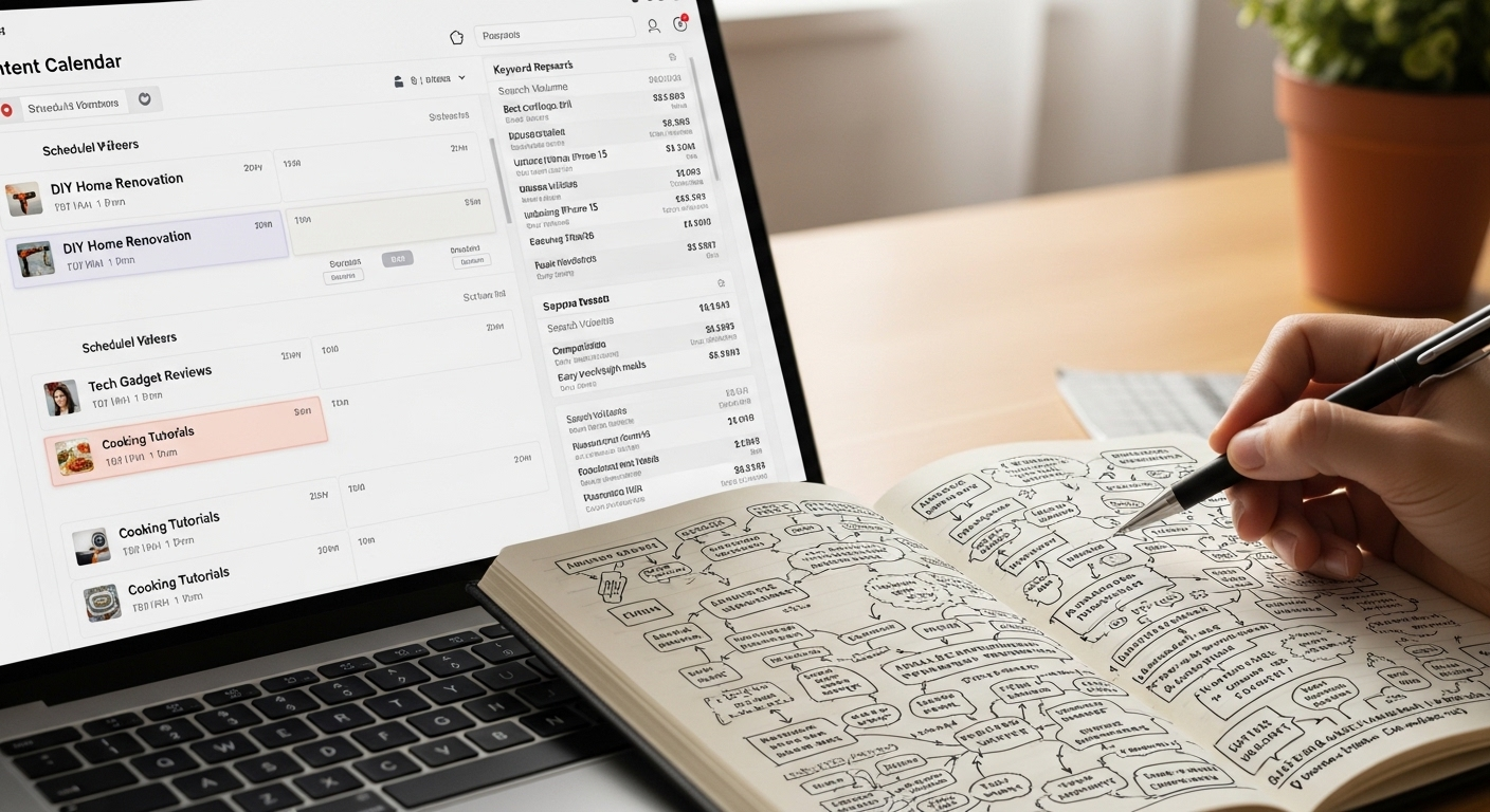 Màn hình laptop hiển thị lịch nội dung và nghiên cứu từ khóa, bên cạnh là sổ tay sơ đồ tư duy để lập kế hoạch kênh YouTube. Hình ảnh minh họa cách học làm Youtube cho người mới bắt đầu hiệu quả.
