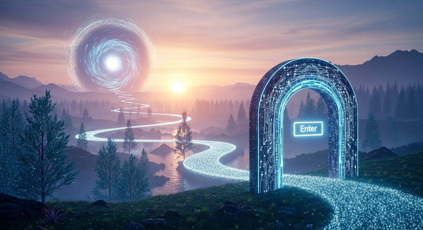 Phong cảnh số rạng đông với lối đi phát sáng từ cổng tìm kiếm hội tụ về cổng website, minh họa hiệu quả của dịch vụ tăng traffic website thật qua khám phá và tiến trình tự nhiên.