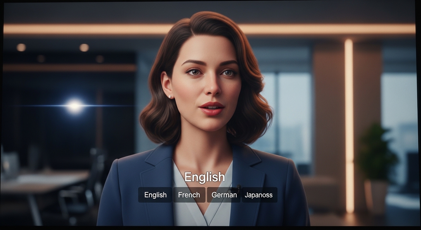 Màn hình hiển thị avatar AI đang nói chuyện với phụ đề đa ngôn ngữ, minh họa quá trình tạo video bằng AI chuyên nghiệp.