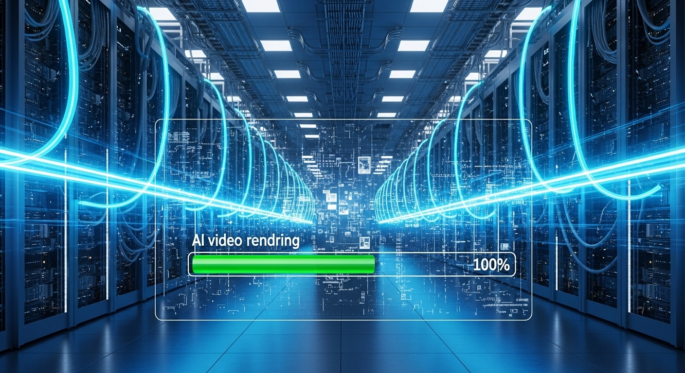 Phòng máy chủ tương lai với dải ánh sáng xanh, màn hình hiển thị thanh tiến trình render video của ứng dụng làm video bằng AI và các thuật toán phức tạp, thể hiện khả năng xử lý dữ liệu siêu tốc.