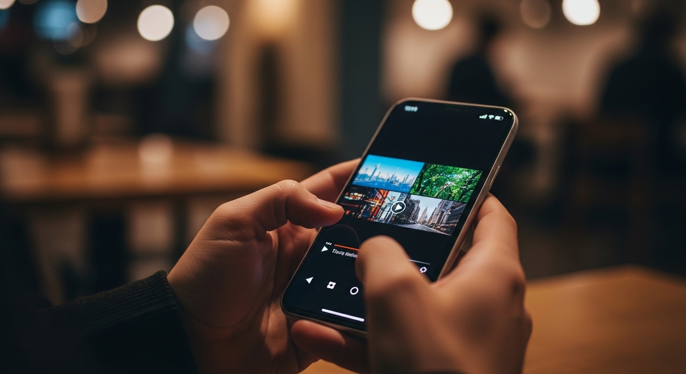 Bàn tay người dùng đang cầm smartphone hiển thị video ngắn, màu sắc sống động. Video được tạo bằng cách chuyển ảnh thành video bằng AI trên Canva, trong bối cảnh quán cà phê ấm cúng.