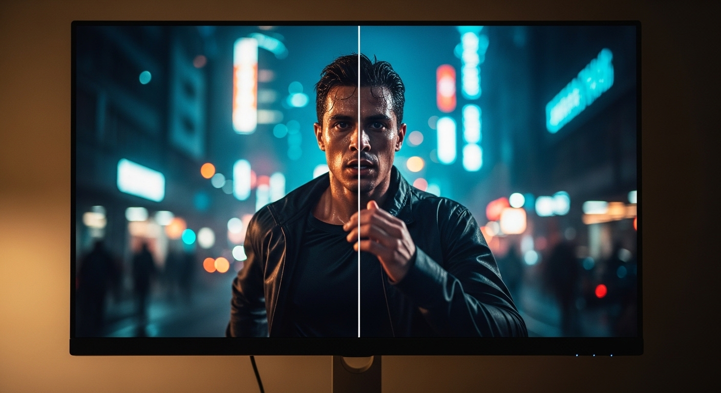 từ mờ nhạt sang sắc nét, màu sắc sống động, minh họa công nghệ AI giúp nâng cao hiệu quả khi làm video bằng AI.