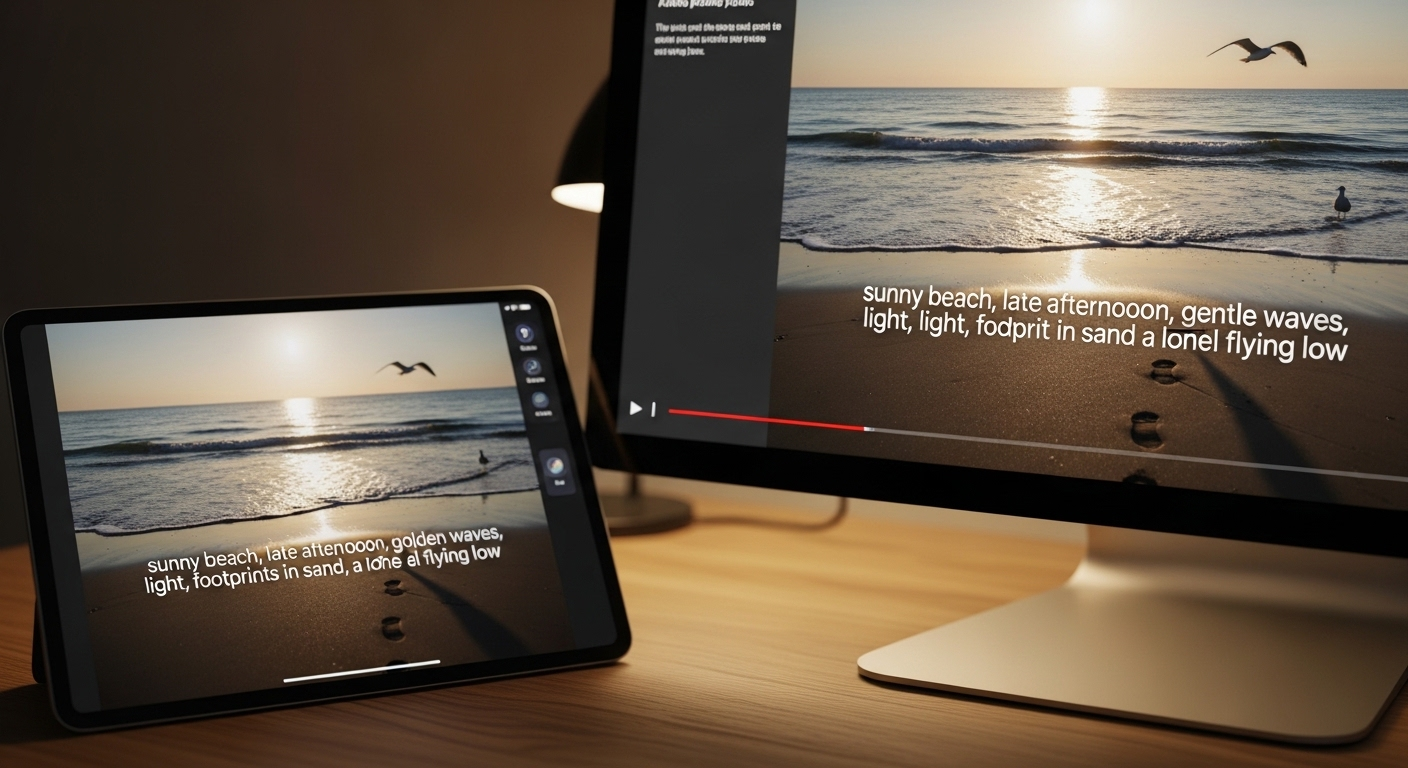 Hai màn hình hiển thị prompt văn bản tạo video AI về 'bãi biển nắng' và kết quả video AI tương ứng, minh họa cách tạo video bằng AI Veo 3 tiếng Việt.