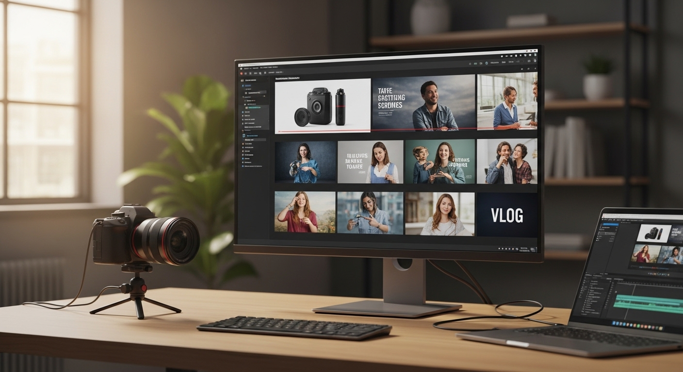 Không gian làm việc hiện đại, chuyên nghiệp với màn hình lớn hiển thị nội dung video, máy ảnh và laptop. Lý tưởng để sản xuất nội dung số hiệu quả, từ quảng cáo đến hướng dẫn cách chuyển ảnh thành video trên Gemini một cách dễ dàng.