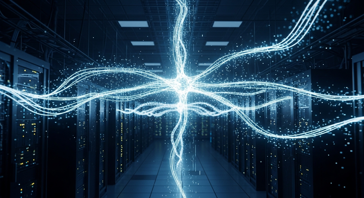 Mạng lưới thần kinh AI phát sáng trong phòng máy chủ tương lai, minh họa quá trình xử lý phức tạp khi tìm hiểu cách sử dụng Veo 3 AI tạo video.