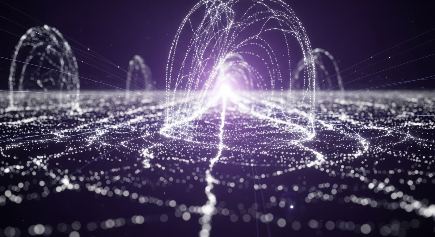 Phân tích dữ liệu AI trừu tượng với các điểm sáng kết nối, tạo mẫu hình phức tạp, minh họa tối ưu hóa chiến lược Facebook kiếm tiền hiệu quả.