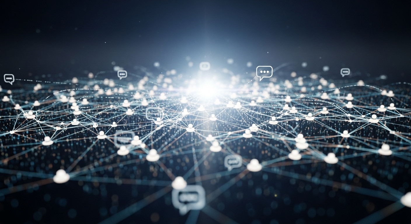 Hình ảnh trừu tượng về cộng đồng số sôi động, với mạng lưới kết nối phát sáng, luồng dữ liệu và bong bóng chat, thể hiện tiềm năng tương tác và các cách kiếm tiền trên Facebook hiệu quả.