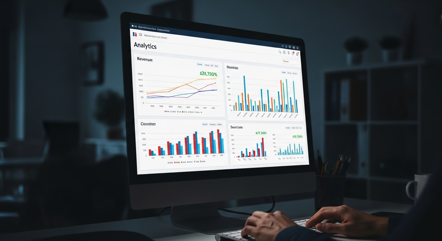 Màn hình máy tính hiển thị bảng điều khiển phân tích doanh thu với biểu đồ tăng trưởng rõ nét, tay người đang thao tác trên bàn phím. Hình ảnh minh họa hiệu quả từ Hướng dẫn kiếm tiền trên Facebook Ad Breaks.